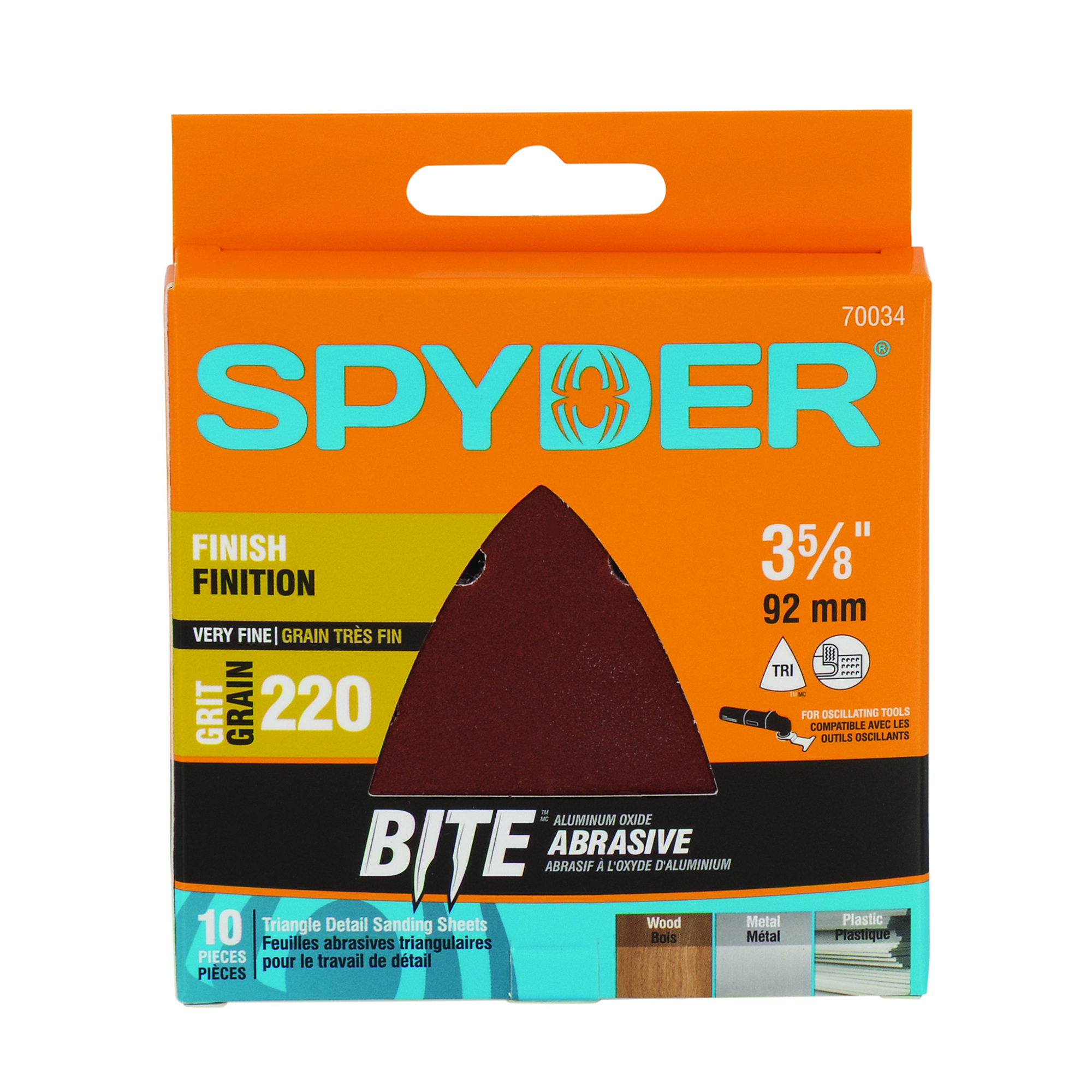 SPYDER 3-5/8-Inch 220-Grit Aluminum Oxide Triangle Detail Sanding Sheets (10-Pack) 70034